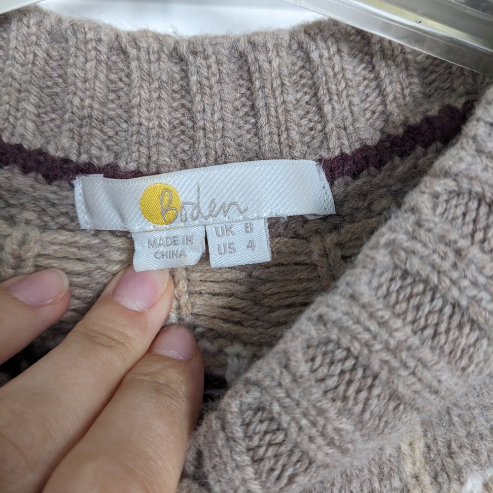 Boden Cream & Brown Fair Isle Wool Cardigan - Picture 2 of 9